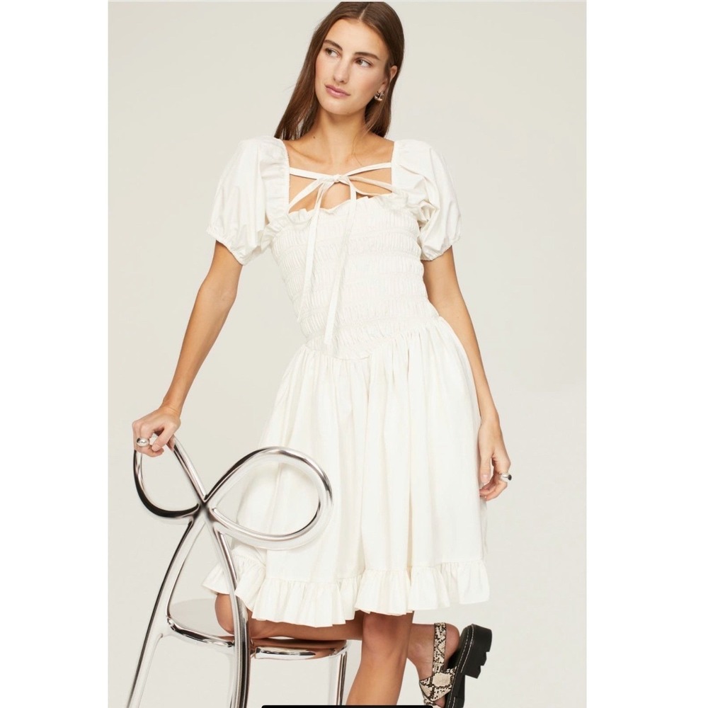 Sandy Liang Kleen White Smocked Puff Sleeve Tie Front Mini Dress Size 6